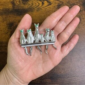 AJC Vintage 6 Weirdo Cat Brooch Silver Tone Alien Green Rhinestone Eyes
